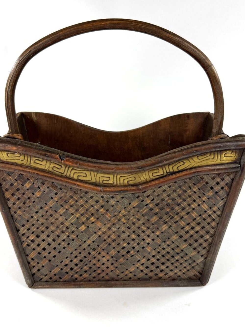 Vintage Wooden & Woven Stamped Metal Basket Handmade with Handle Asian Design